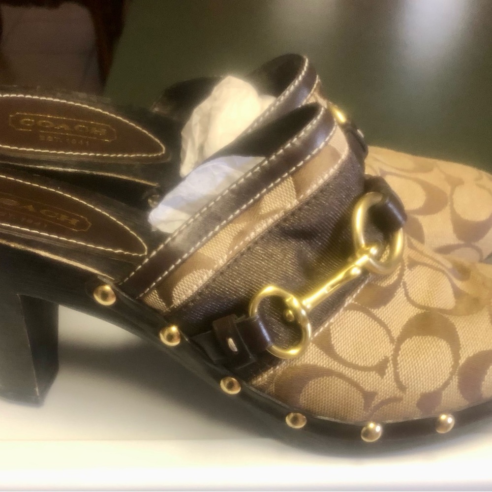Coach Brown Signature Canvas Mule Heels with Gold Hardware
